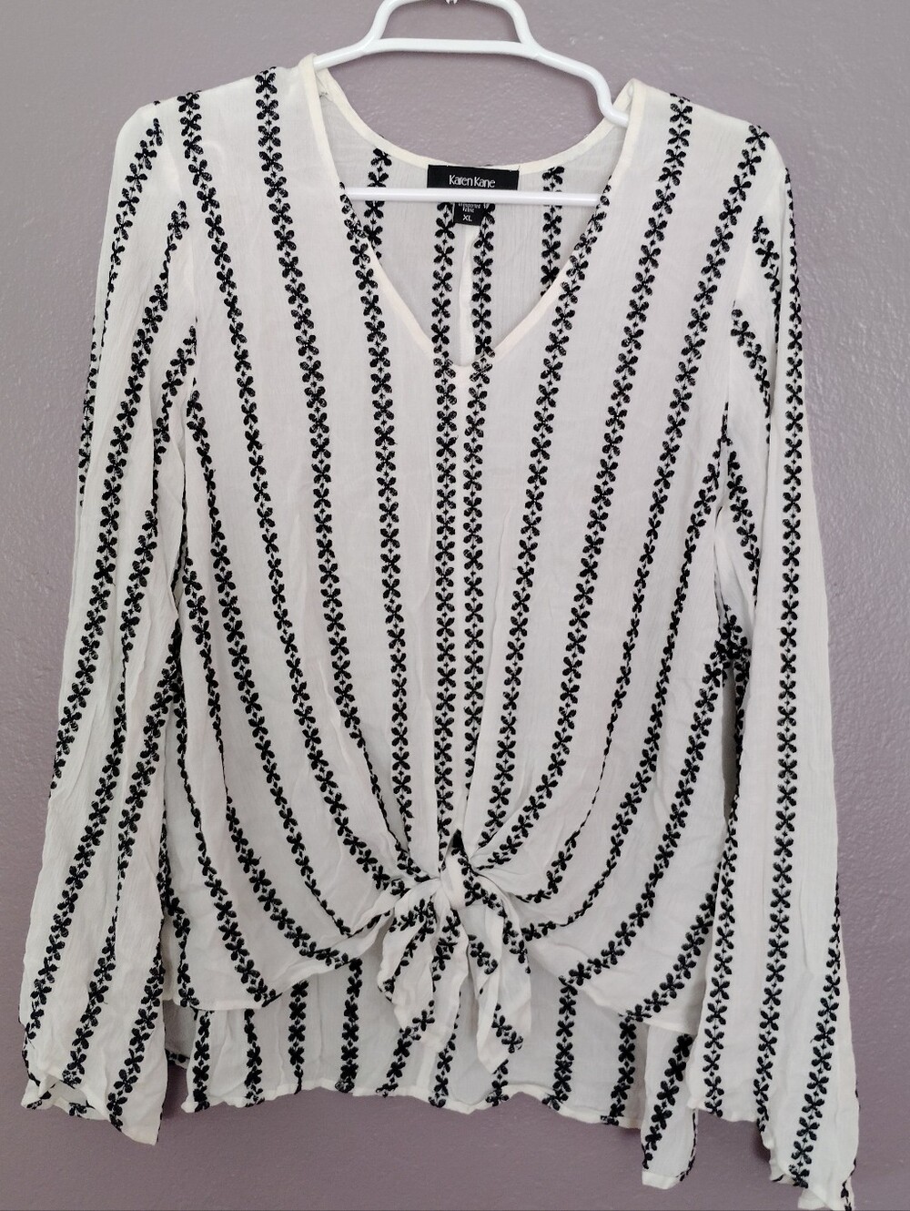 Karen Kane Embroidered Long Sleeve Blouse Tie Front Sz XL Boho